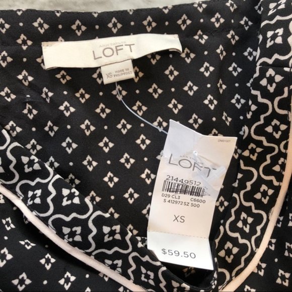 NEW Loft Geometric Printed Long Sleeve Boat Neck l Blouse Black Sz XS - Picture 4 of 6